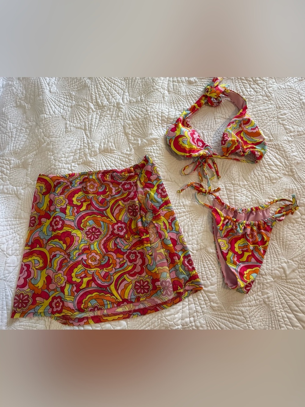 Retro Floral Multicolor Bikini Set with Matching Skirt